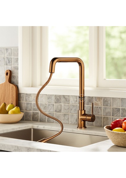 Bakır Renk Spiralli Kuğu T Mutfak Eviye Bataryası