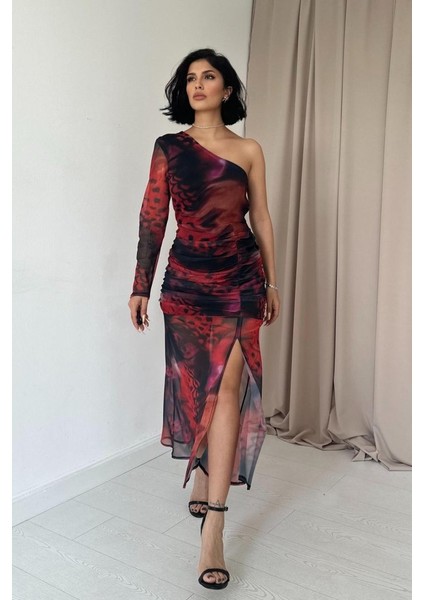 Kırmızı Tek Omuzlu Tül Elbise