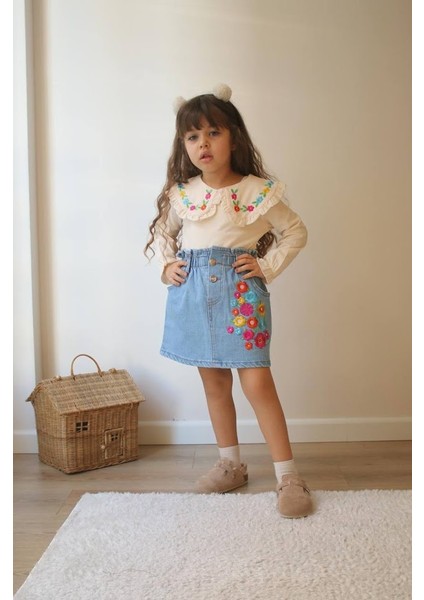 Nakış Işlemeli Kot Etekli Kız Çocuk Takım