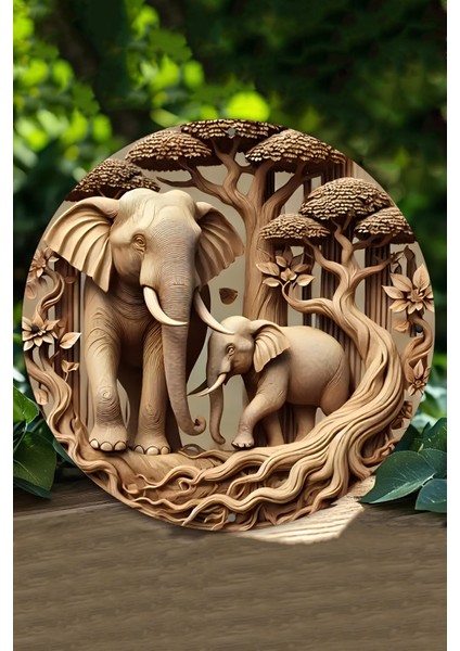 33 x 33cm Dekoratif Ahşap Duvar Süsü – Fil ve Doğa Tasarımı DT090