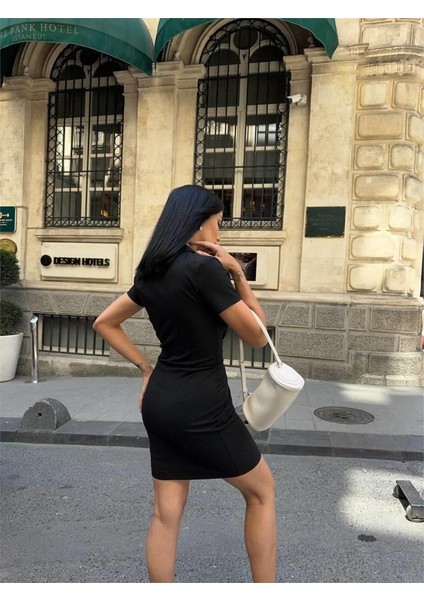 Polo Yaka Yaka Kemer Detaylı Kalem Elbise - Siyah fiyatları