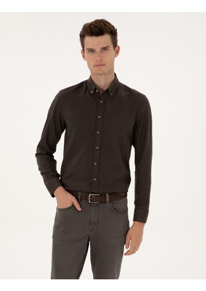 Erkek Kahverengi Flanel Dokulu Slim Fit Uzun Kollu Gömlek 50316751-VR029