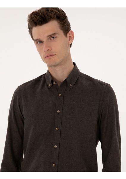 Erkek Kahverengi Flanel Dokulu Slim Fit Uzun Kollu Gömlek 50316751-VR029 fiyatları