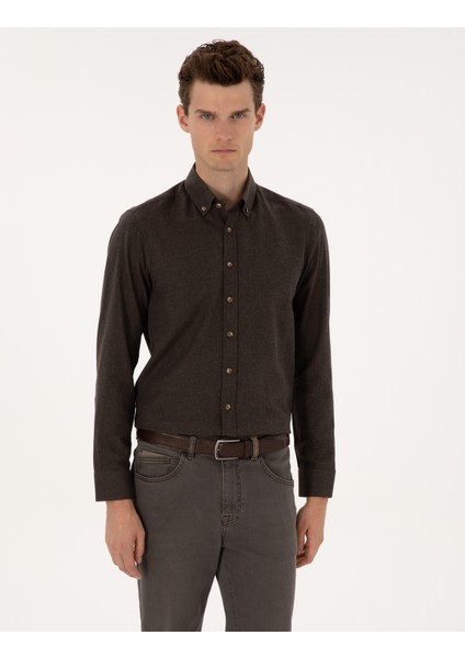 Erkek Kahverengi Flanel Dokulu Slim Fit Uzun Kollu Gömlek 50316751-VR029 modelleri