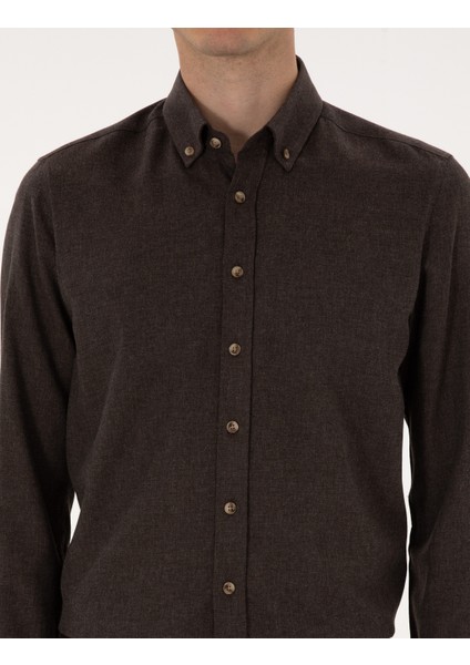 Erkek Kahverengi Flanel Dokulu Slim Fit Uzun Kollu Gömlek 50316751-VR029