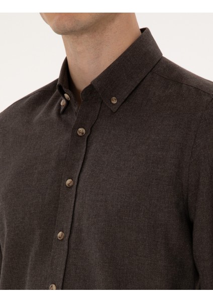 Erkek Kahverengi Flanel Dokulu Slim Fit Uzun Kollu Gömlek 50316751-VR029