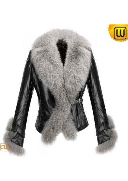 Hakiki Kuzu Derisi Siyah Kürklü Kısa Kadın Deri Mont