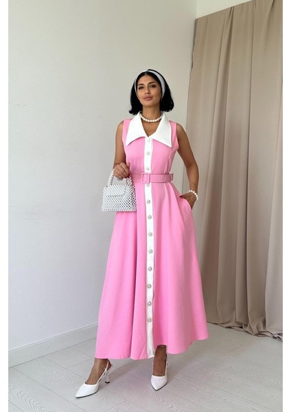 Pembe Geniş Yakalı Halter Kollu Elbise