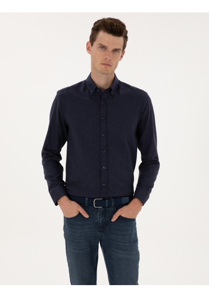 Erkek Lacivert Flanel Dokulu Slim Fit Uzun Kollu Gömlek 50316751-VR033
