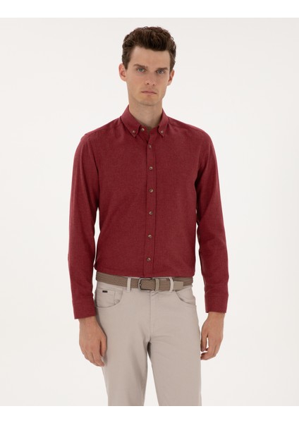 Erkek Bordo Flanel Dokulu Slim Fit Uzun Kollu Gömlek 50316751-VR014