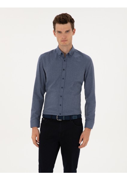 Erkek Koyu Mavi Flanel Dokulu Slim Fit Uzun Kollu Gömlek 50316751-VR032