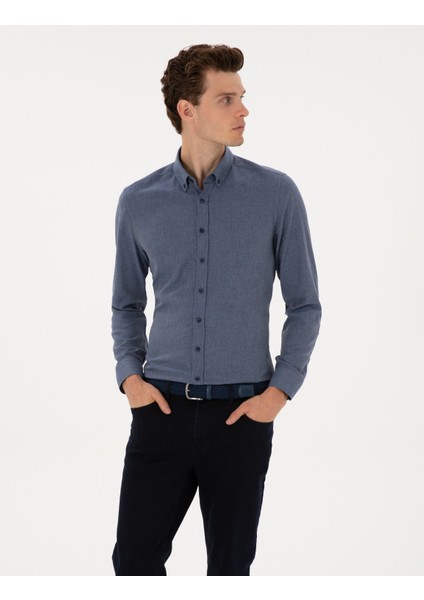 Erkek Koyu Mavi Flanel Dokulu Slim Fit Uzun Kollu Gömlek 50316751-VR032 modelleri