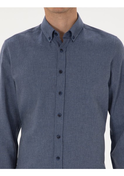 Erkek Koyu Mavi Flanel Dokulu Slim Fit Uzun Kollu Gömlek 50316751-VR032