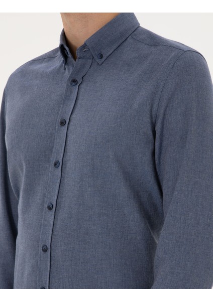 Erkek Koyu Mavi Flanel Dokulu Slim Fit Uzun Kollu Gömlek 50316751-VR032