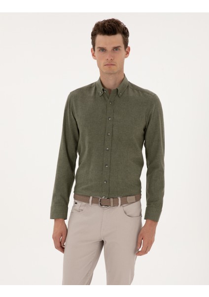 Erkek Haki Flanel Dokulu Slim Fit Uzun Kollu Gömlek 50316751-VR027