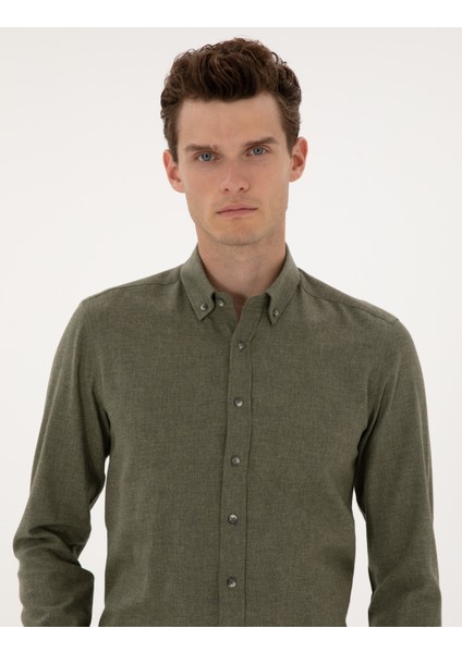 Erkek Haki Flanel Dokulu Slim Fit Uzun Kollu Gömlek 50316751-VR027 fiyatları