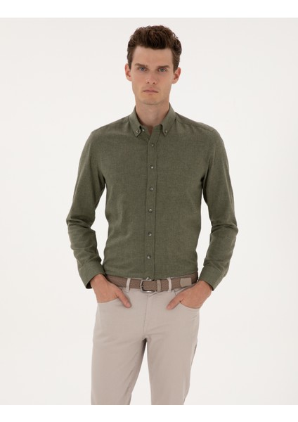 Erkek Haki Flanel Dokulu Slim Fit Uzun Kollu Gömlek 50316751-VR027 modelleri