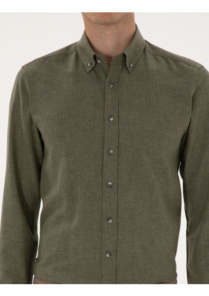 Erkek Haki Flanel Dokulu Slim Fit Uzun Kollu Gömlek 50316751-VR027