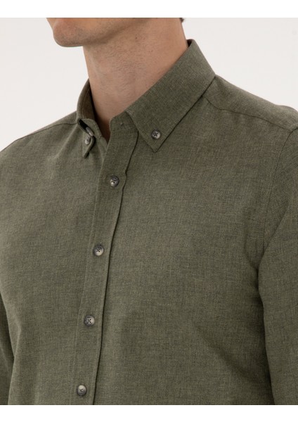 Erkek Haki Flanel Dokulu Slim Fit Uzun Kollu Gömlek 50316751-VR027