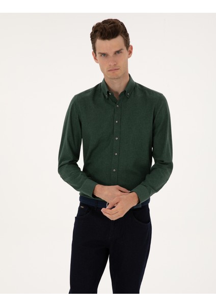 Erkek Yeşil Flanel Dokulu Slim Fit Uzun Kollu Gömlek 50316751-VR054