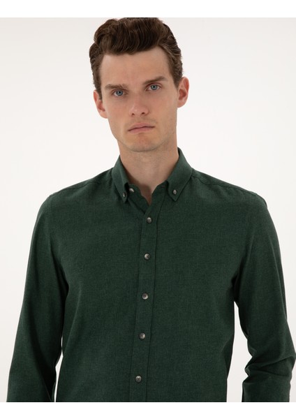 Erkek Yeşil Flanel Dokulu Slim Fit Uzun Kollu Gömlek 50316751-VR054 fiyatları