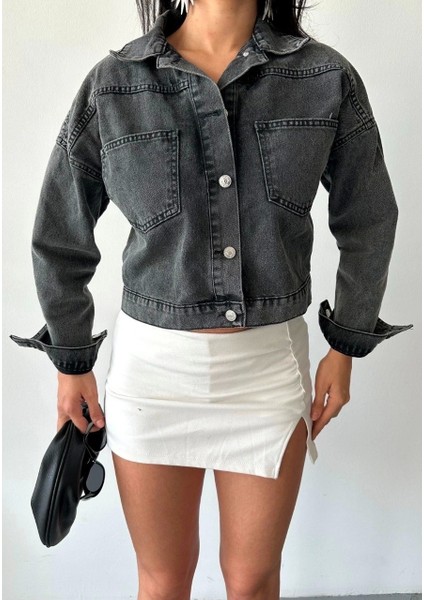 Çift Cepli Kol Katlamalı Süper Taş Enzim Yıkama Crop Kot Ceket Füme D2000 fırsatları