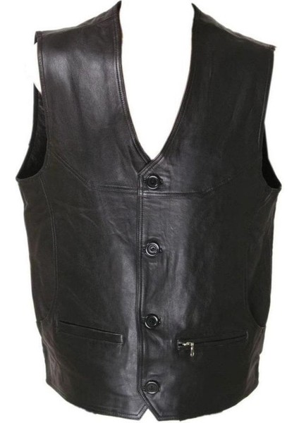 Hakiki Kuzu Derisi Siyah Önden Üç Düğmeli Deri Yelek