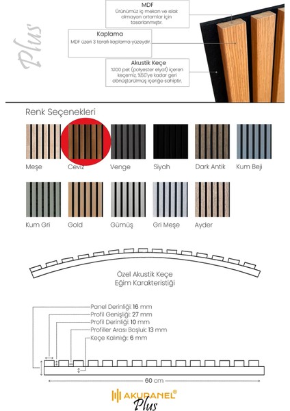 Plus 60X245 cm Ceviz Renk Akustik Ahşap Duvar Paneli modelleri