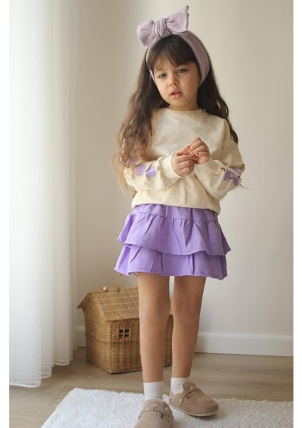 Lila Etekli Kalp Detaylı Kız Çocuk Takım