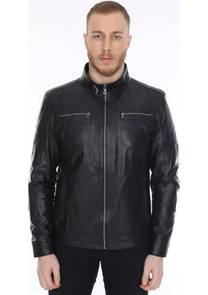 Hakiki Kuzu Derisi Siyah Royale Fermuarlı Erkek Deri Ceket