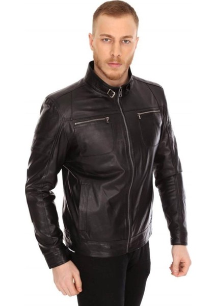 Hakiki Kuzu Derisi Siyah Royale Fermuarlı Erkek Deri Ceket modelleri