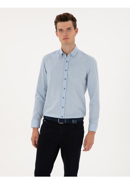 Erkek Açık Mavi Flanel Dokulu Slim Fit Uzun Kollu Gömlek 50316751-VR003