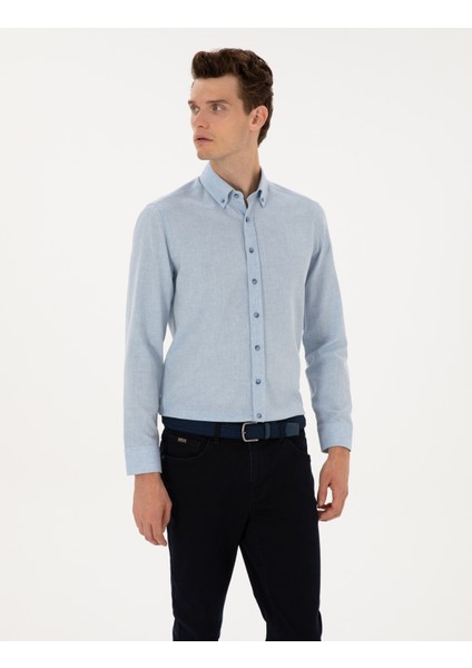 Erkek Açık Mavi Flanel Dokulu Slim Fit Uzun Kollu Gömlek 50316751-VR003 modelleri