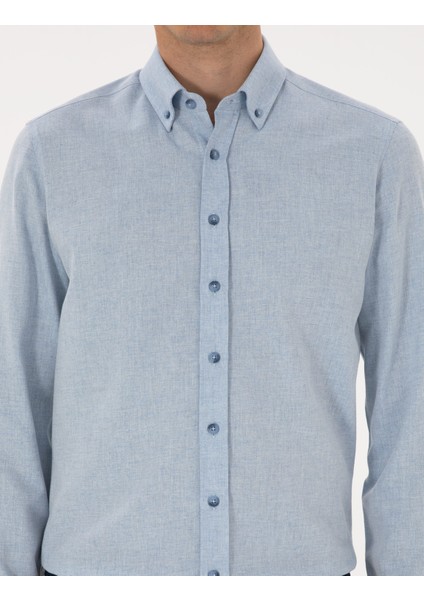 Erkek Açık Mavi Flanel Dokulu Slim Fit Uzun Kollu Gömlek 50316751-VR003