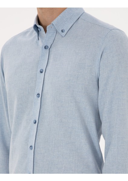 Erkek Açık Mavi Flanel Dokulu Slim Fit Uzun Kollu Gömlek 50316751-VR003
