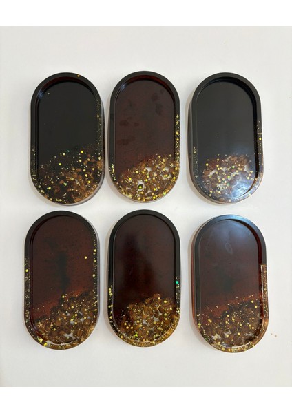 - El Yapımı 6'lı Epoksi Sunumluk - Gerçek Kahve Çekirdekli & Gold Glitterli - Ebatları: 17,5 x 9,5 cm
