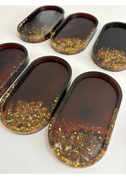 - El Yapımı 6'lı Epoksi Sunumluk - Gerçek Kahve Çekirdekli & Gold Glitterli - Ebatları: 17,5 x 9,5 cm fiyatları