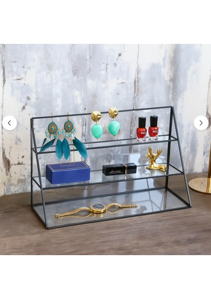 Modern Dekoratif Takı Standı – Cam ve Antasit Siyah Çerçeveli 3 Katlı Düzenleyici