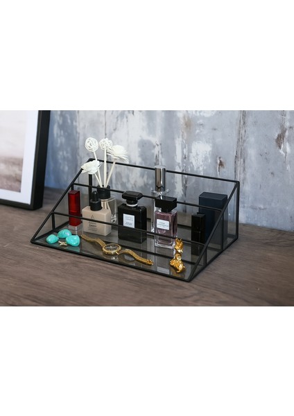 Modern Dekoratif Takı Standı – Cam ve Antasit Siyah Çerçeveli 3 Katlı Düzenleyici modelleri