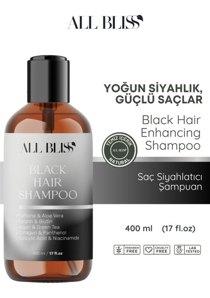 Siyah ton Saç Şampuan 400 ml – Kafein, Aloe Vera, Keratin, Biotin ve Kolajenli