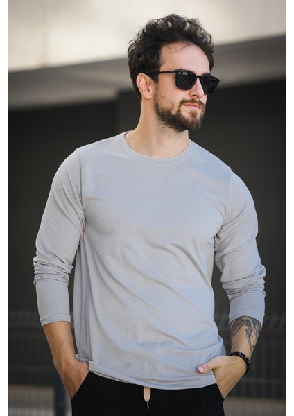 Betti Slim Fit Likralı Petek Kumaş Bisiklet Yaka Erkek Uzun Kol Tshirt
