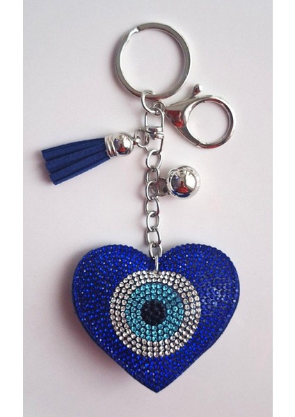Lüks Hediyelik Zirkon Taşlı Nazar Boncuklu Kalp Anahtarlık Gümüş - Çanta Süsü 14,5x6,5 cm