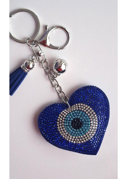 Lüks Hediyelik Zirkon Taşlı Nazar Boncuklu Kalp Anahtarlık Gümüş - Çanta Süsü 14,5x6,5 cm fiyatları