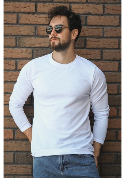 Betti Slim Fit Likralı Petek Kumaş Bisiklet Yaka Erkek Uzun Kol Tshirt