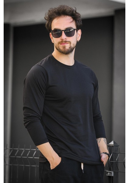 Betti Slim Fit Likralı Petek Kumaş Bisiklet Yaka Erkek Uzun Kol Tshirt