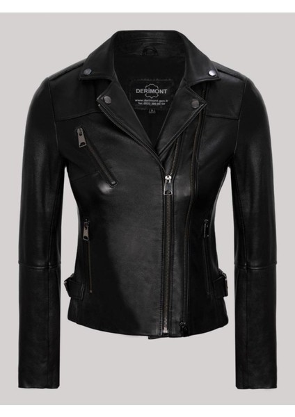 Hakiki Kuzu Derisi Siyah V Çift Fermuarlı Kemer Detaylı Üç Cepli Kadın Deri Mont