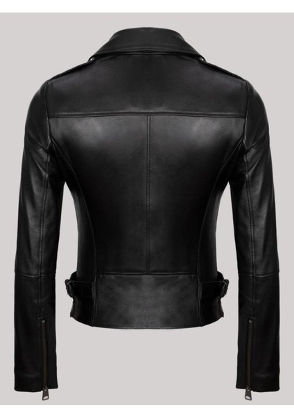 Hakiki Kuzu Derisi Siyah V Çift Fermuarlı Kemer Detaylı Üç Cepli Kadın Deri Mont fiyatları