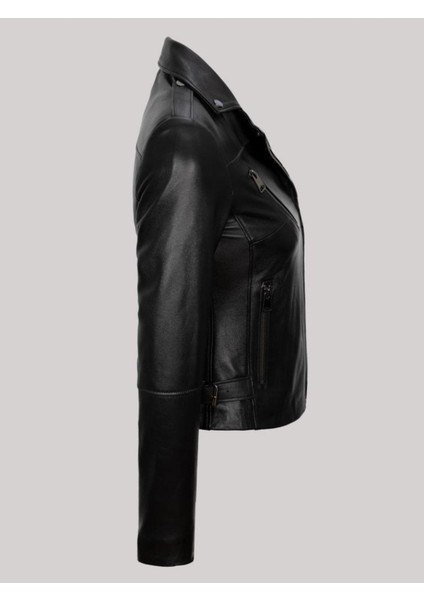 Hakiki Kuzu Derisi Siyah V Çift Fermuarlı Kemer Detaylı Üç Cepli Kadın Deri Mont modelleri