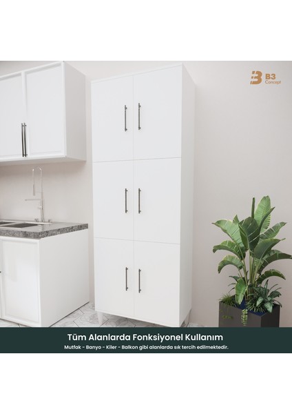 B3CONCEPT Geniş Hacimli 6 Kapaklı 6 Raflı Çok Amaçlı - Kolay Kurulum - Mutfak Balkon Banyo Erzak Kiler Dolabı