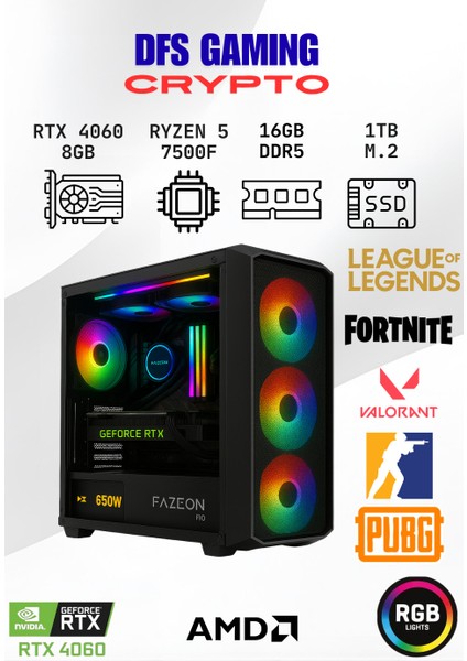 Dfs Gaming Crypto Ryzen 5 7500F-B650M-RTX 4060 8GB-16GB Ddr5 Ram-1tb M.2 Ssd-Oyuncu Bilgisayarı